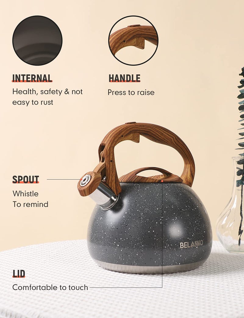 BELANKO 2.7 Quart Tea Kettle for Stovetops - Food Grade Stainless Steel Teapot with Loud Whistle, Cool-Touch Wood Pattern Handle, Rust-Resistant Whistling Kettle - Starry Gray - Image 4